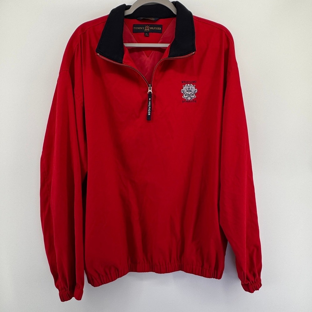 VTG Tommy Hilfiger Golf Whistling Straits Red Quarter Zip Windbreaker Mens XL‎